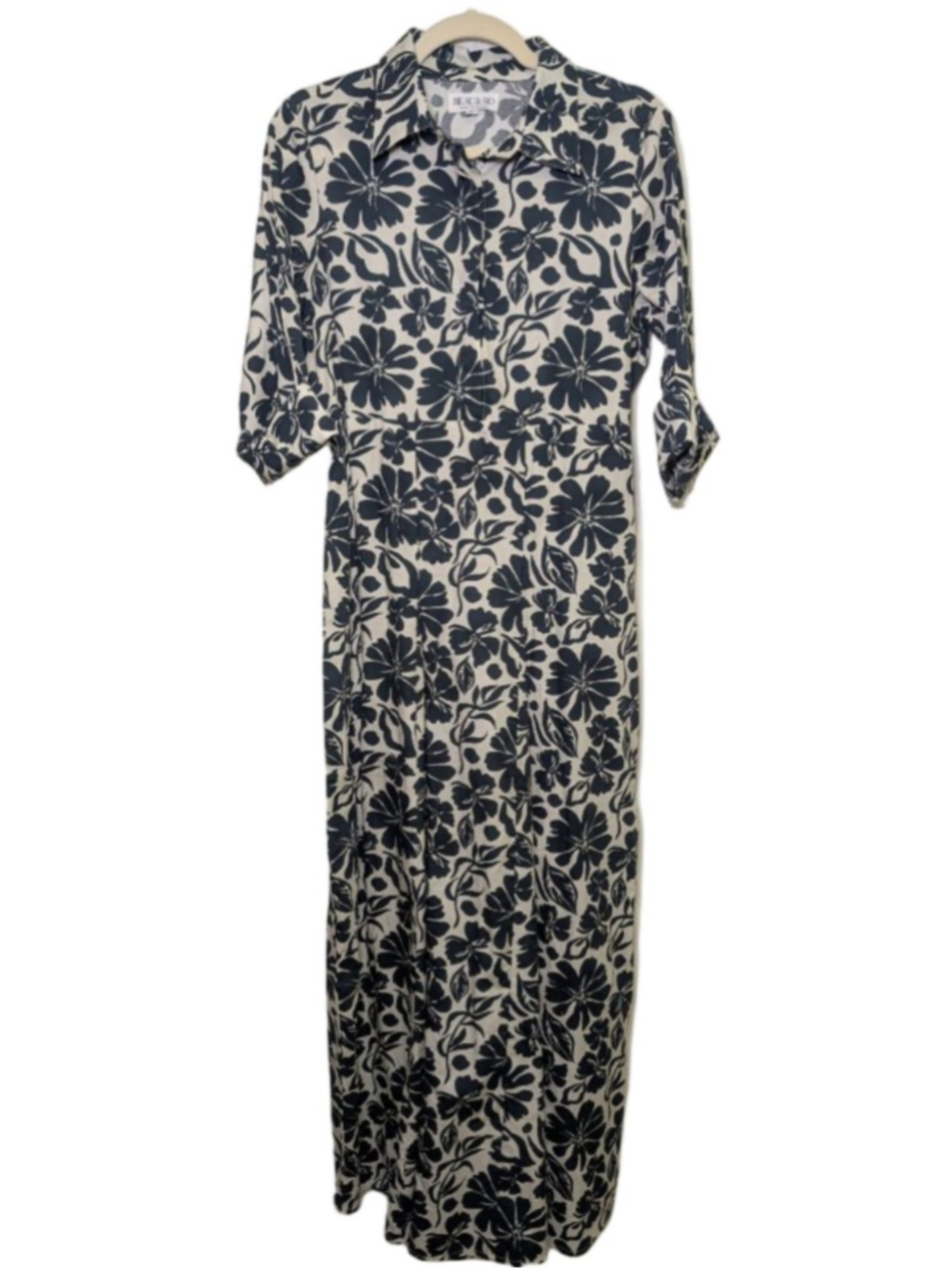 Beau & Ro Navy Ivory Floral Maxi Shirt Dress Size Small EUC MSRP $288